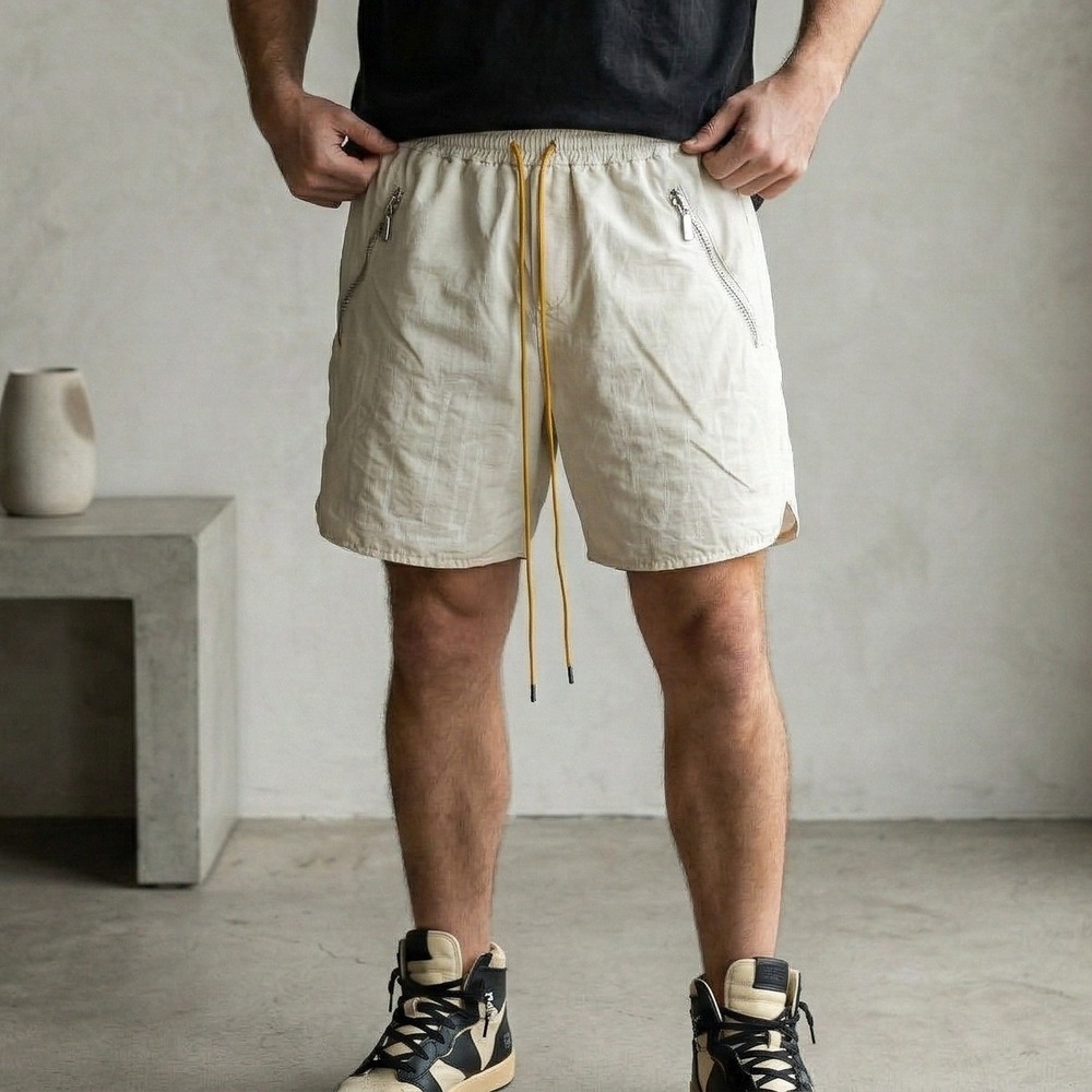 Rhude‎ Shorts Mens Medium Cream Nylon Mustard Drawstring Logo Zip Pockets Preppy